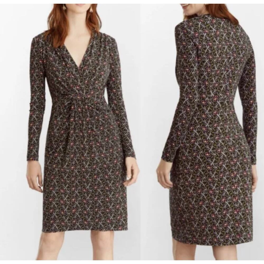 Brooks Brothers Violette-Print Navy Surplice Jersey Faux Wrap Jersey Dress M